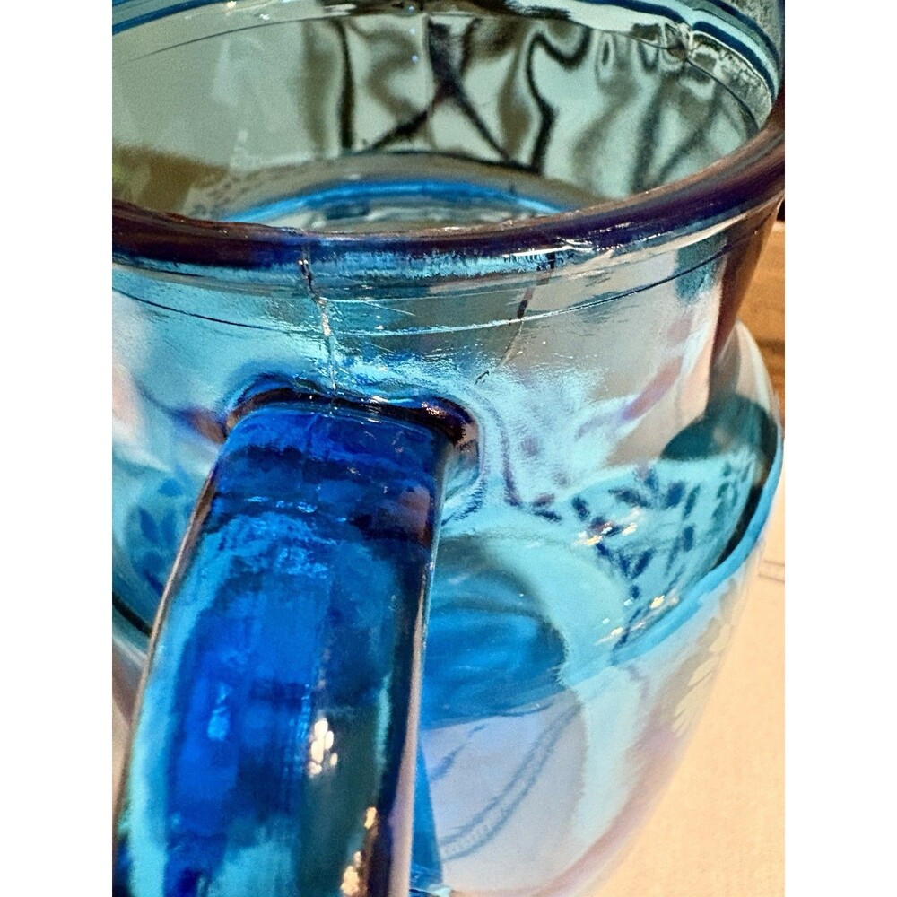 Vintage Mid Century Libbey Blue Glass Pitcher Rain Flower Daisy Floral 10” Vase - Picture 4 of 7